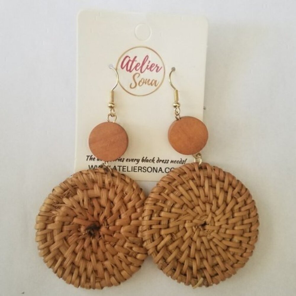 Round Rattan Straw Earrings two tiered